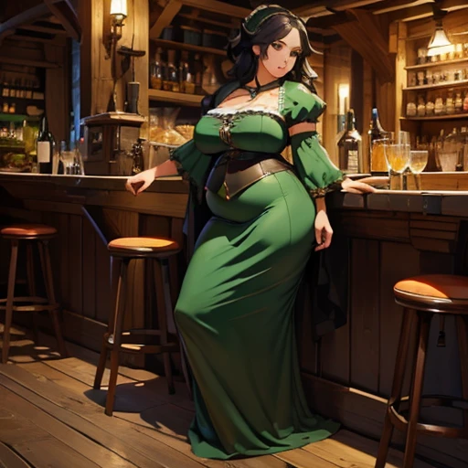 (Masterpiece), (detailed), (high res), (high quality), curvy medieval barmaid, green garments, black hair, bloated, super stuffed