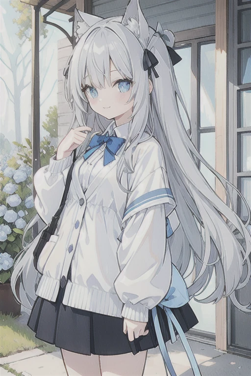 Gray hair、Very long hair · side tail on the right side · eyes of a different color 、Left eye is light blue、Right eye is gray, small breasts, white blouse, pale light blue cardigan, gray skirt, large gray ribbon attached to collar · single girl · quiet · smiling · light blue flower field · holding light blue flowers · top quality