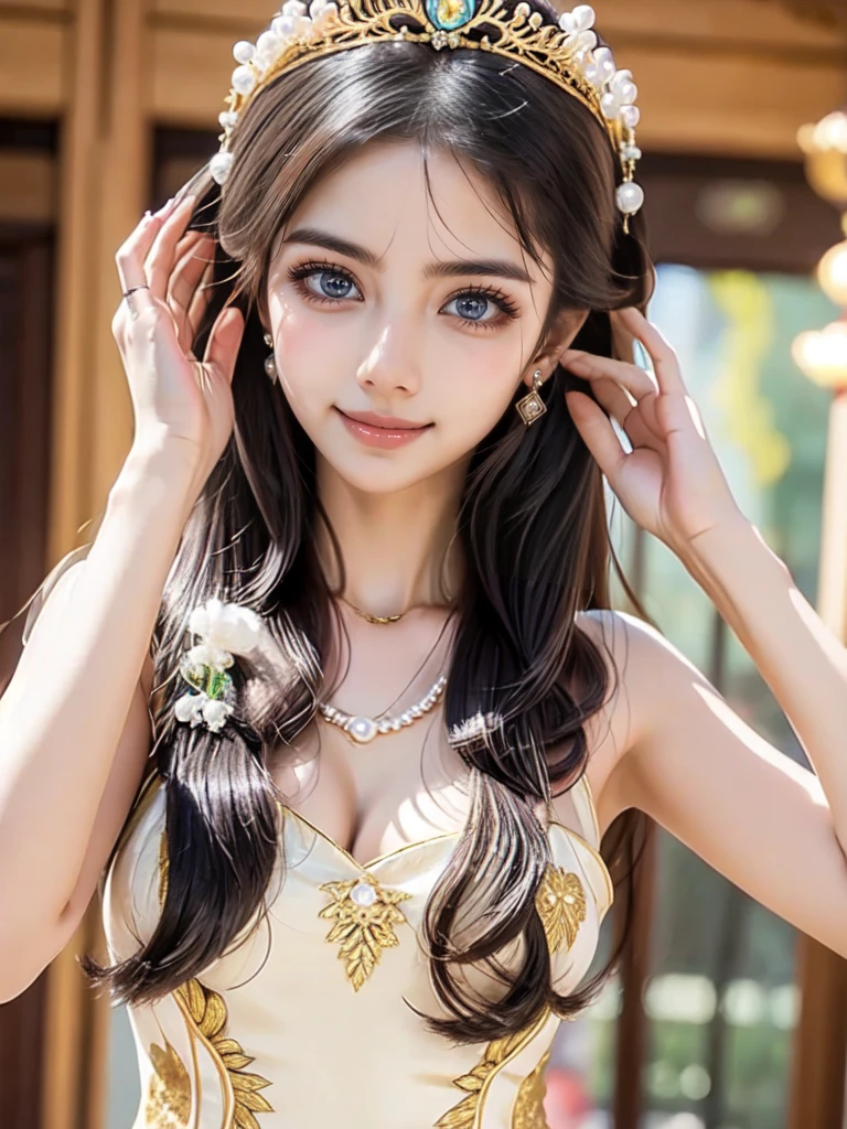 There is a woman wearing a Chinese dress., 2 , 2 , 2 , 3 ,  delicate makeup, Ye Wen, 2 , Round face, Cute Lian, Gold Tiara,  pearl necklace , Jade hairpin