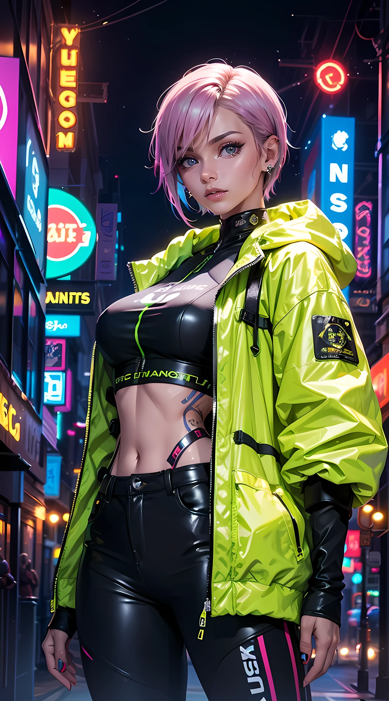 Beautiful short hair woman is shown to have a tiny figure, colorful hair, wearing future yellow cyber city clothes, big yellow colorful puffy jacket, lots of facial piercings, tattoos, neon city, cybernetics, she has blue eyes, sexy session, elegant posing, cowboy shot, superior quality, many details, realistic,