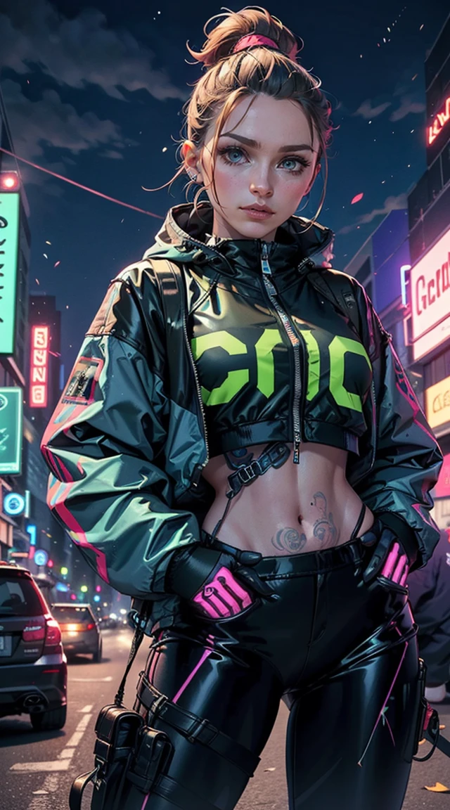 Beautiful woman is shown to have a tiny figure, colorful hair, wearing future green cyber city clothes, big green colorful puffy jacket, lots of facial piercings, tattoos, neon city, cybernetics, she has blue eyes, sexy session, elegant posing, cowboy shot, superior quality, many details, realistic,