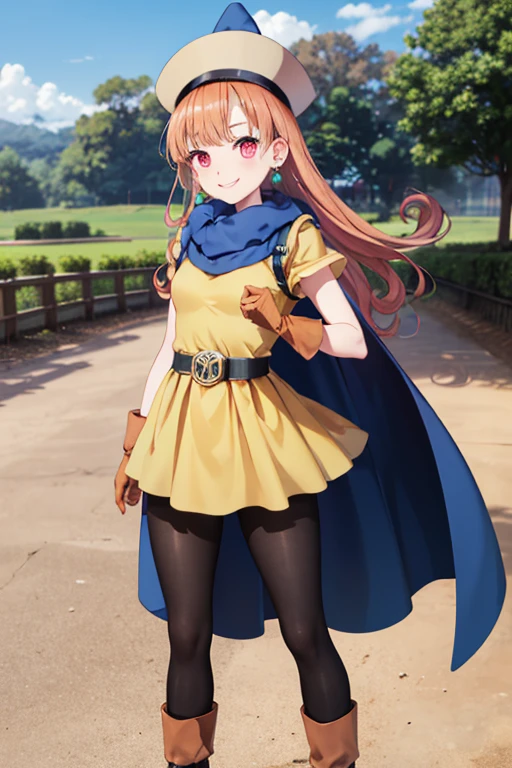 masterpiece,Best Quality, Kampala,Super detailed,Arena,Have,Long Hair, curly hair ,Pink Eyes, earrings with cups,Cape,Yellow Dress,Short sleeve,Gloves,belt,skirt, black pantyhose,boots,  outdoor , standing ,smile, cowboy shot,