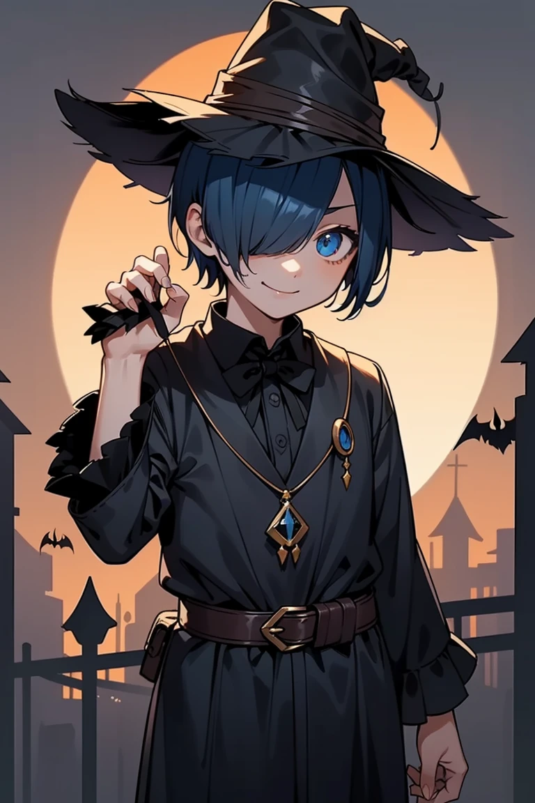   boy 、   asymmetrical bangs  、Bangs covering the right eye、Side Short Hair、  dark blue short hair  、  dark blue hair、 Looking up with the naked eye  、Mens Wear Halloween Costumes ( Bloodborne Hunter Black Orange and Purple Hunter Outfits、hunter hat)、Dark blue eyes、  dark blue hairHair over right eye、  mischievous smile  、、Front View、 Halloween Backdrop 