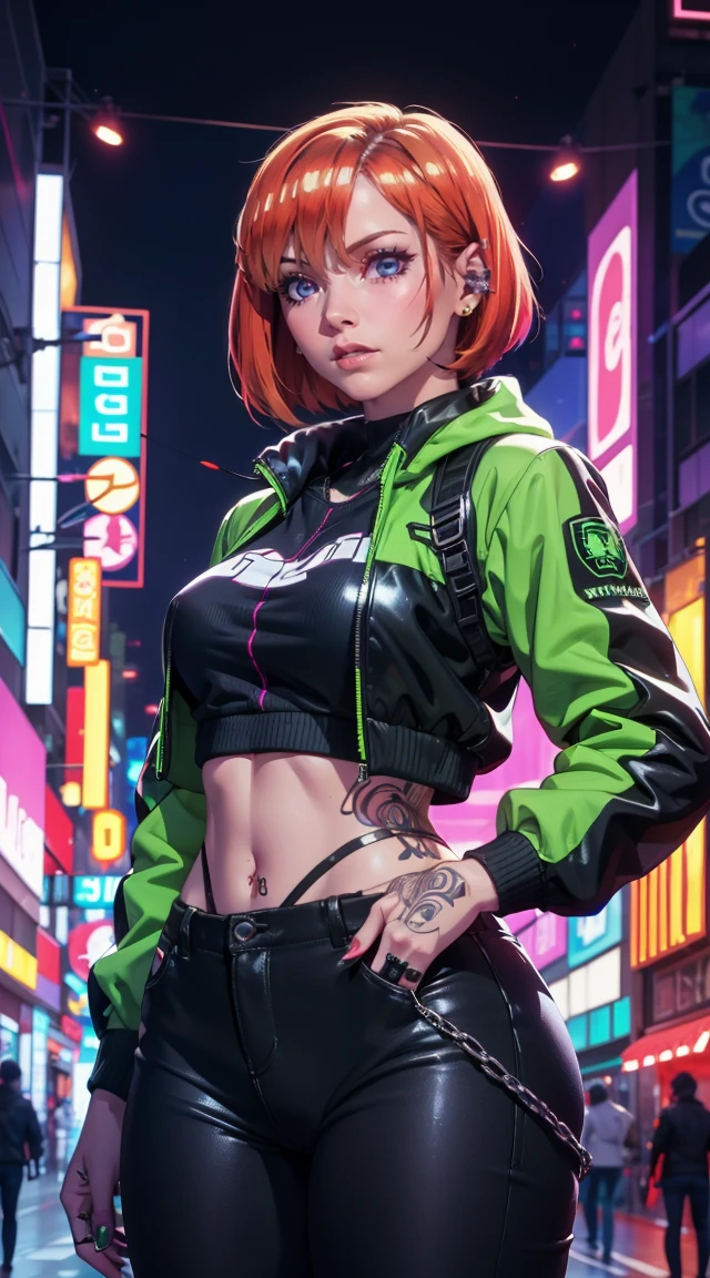 Beautiful short hair woman is shown to have a tiny figure, colorful hair, wearing future green cyber city clothes, big green colorful puffy jacket, lots of facial piercings, tattoos, neon city, cybernetics, she has blue eyes, sexy session, elegant posing, cowboy shot, superior quality, many details, realistic,