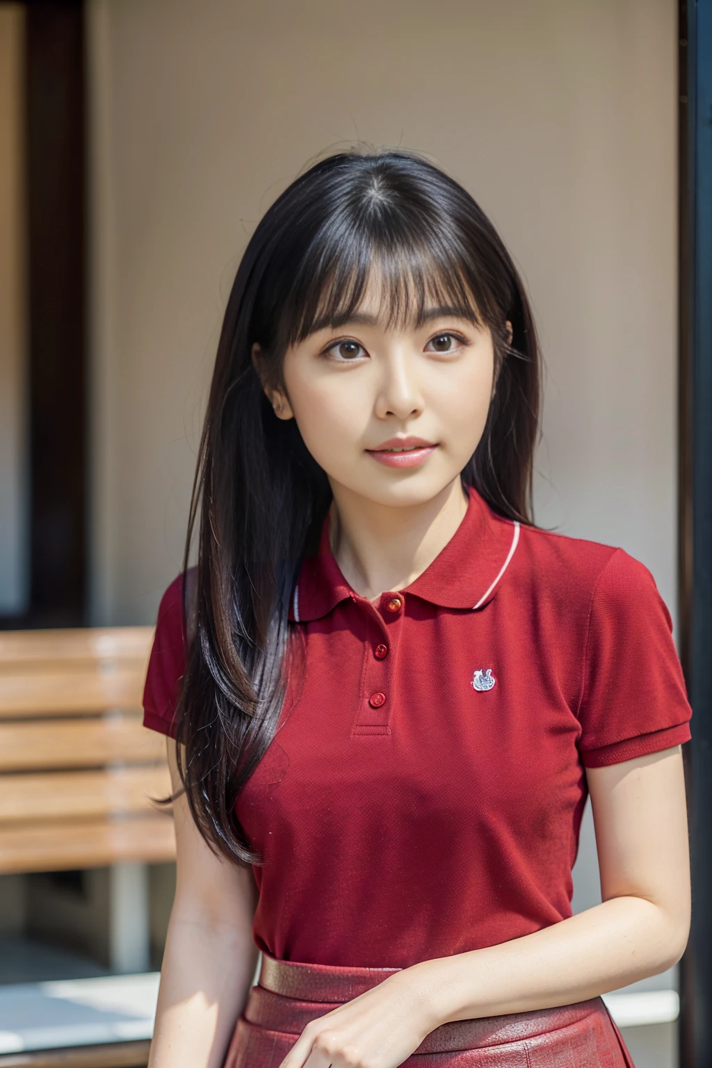 (4k, high quality, high quality, masterpiece), (realistic), Simple background, looking at me, 1 woman, adult female, Japanese, Asian (dark hair, flat face, large eyes, wide open eyes, large lips), (height 154cm, three sizes 79-57-87cm, flat ), (red polo shirt, red )