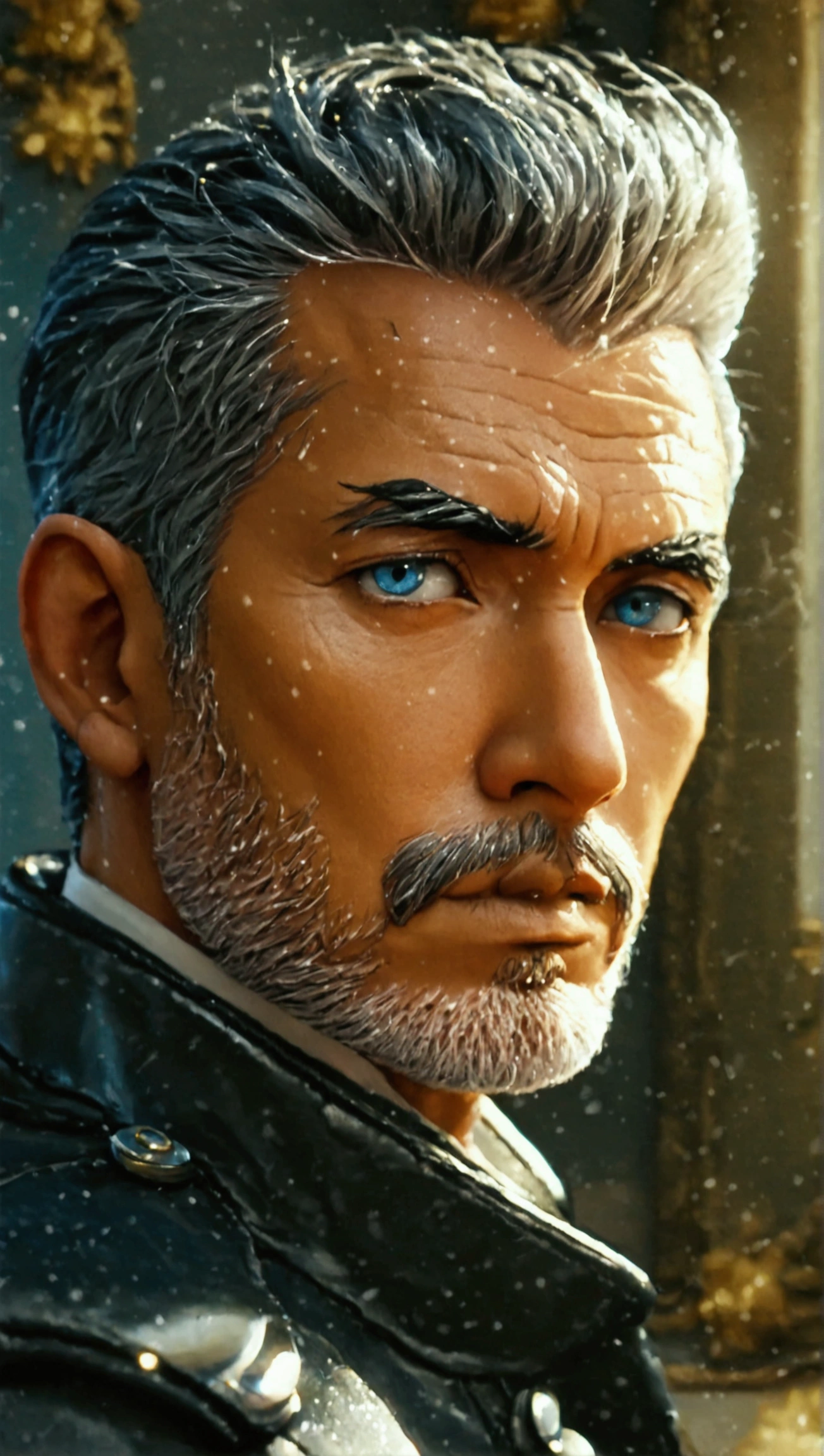 1man, handsome, american-european face, american-european person, middle-aged man, 61 year old, quiff sides and tape hairstyle, black hair with graying temple edges, blue eyes, prominent muscular body, Indonesian grey policeman uniform paired in black leather jacket, sharp detail, hyperdetail, aesthetic, dreamy, aesthetic, HD, High Quality, masterpiece, 8K resolution