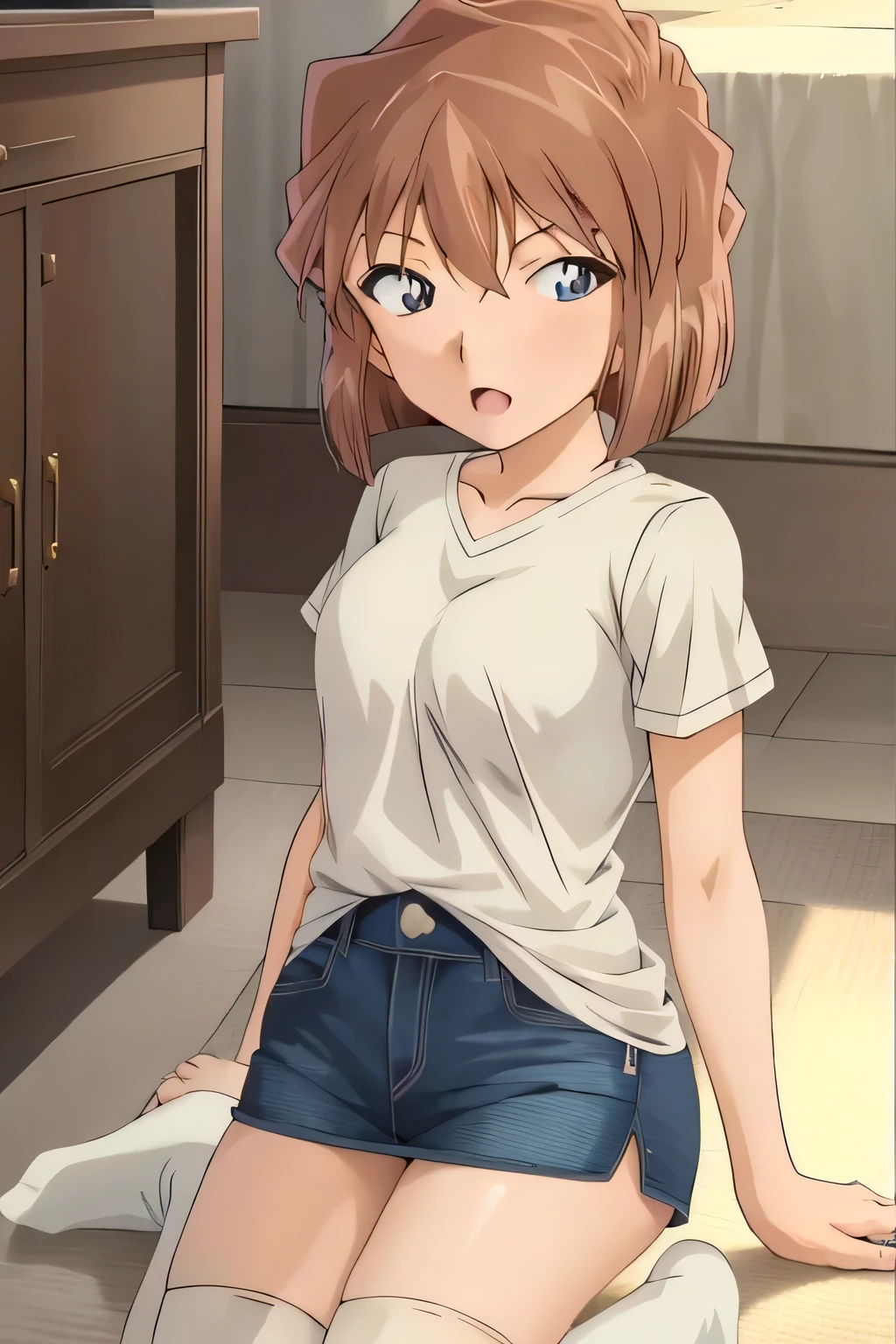 Haibaratv, 1girl ,anime screen cap ,Brown Hair, short hair,white shirt,denim mini skirt  ,indoor,white knee socks,detailed eyes,anime coloring,

 