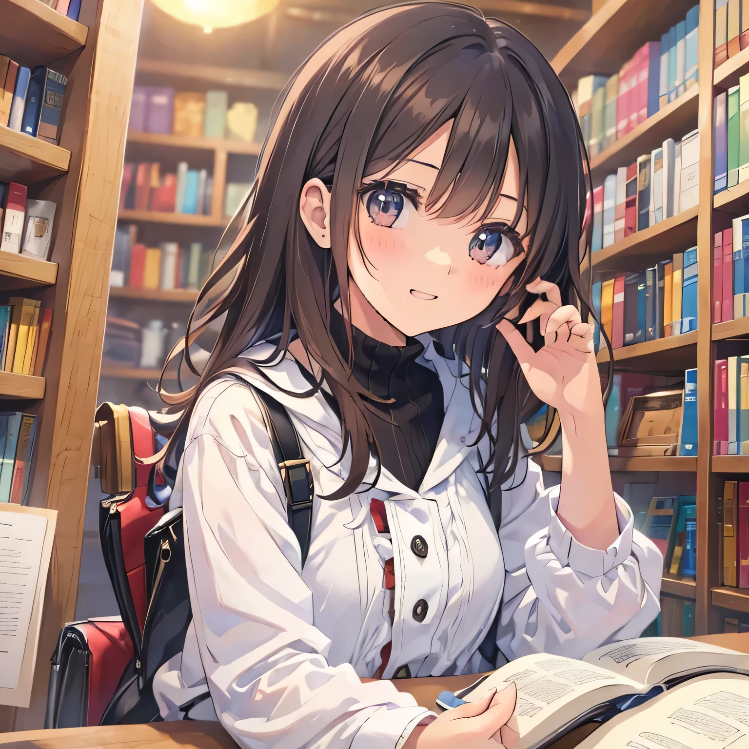 Anime where a beautiful girl with dark hair and brown eyes sits in front of a bright bookshelf and reads a book。