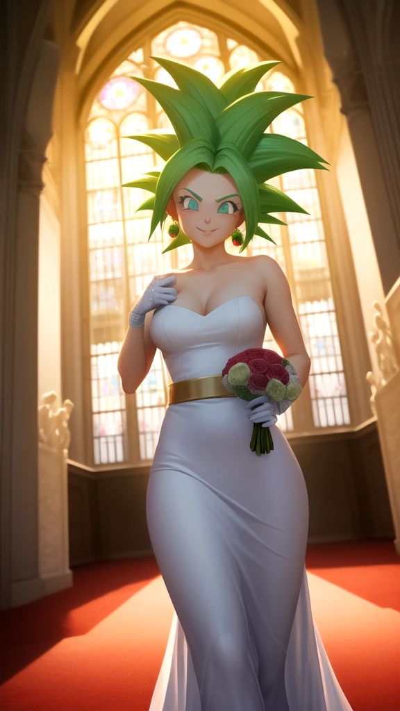 keflassj, 1girl, solo, aqua eyes, green hair, spiked hair, super saiyan, super saiyan 1, green earrings. makeup, wearing a white satin ballgown wedding dress, opera gloves, veil, tiara, bow belt, holding bouquet, walking down the aisle in a grand cathedral, 
smile,closed mouth,cowboy shot,
forest,outdoor,
(insanely detailed, beautiful detailed face, masterpiece, best quality) cinematic lighting,