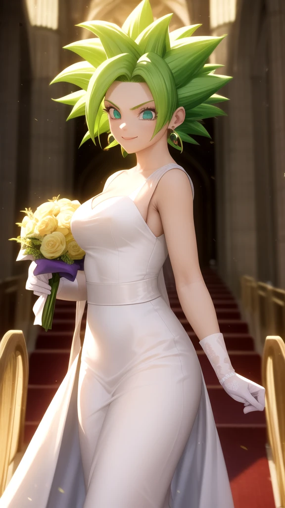 keflassj, 1girl, solo, aqua eyes, green hair, spiked hair, super saiyan, super saiyan 1, green earrings. makeup, wearing a white satin ballgown wedding dress, opera gloves, veil, tiara, bow belt, holding bouquet, walking down the aisle in a grand cathedral, 
smile,closed mouth,cowboy shot,
forest,outdoor,
(insanely detailed, beautiful detailed face, masterpiece, best quality) cinematic lighting,