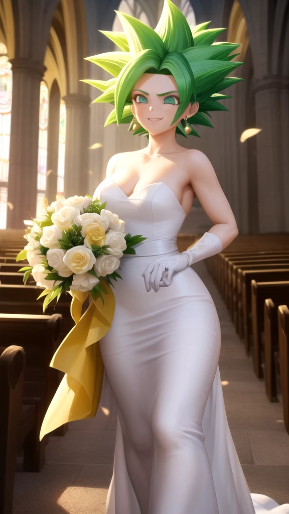 keflassj, 1girl, solo, aqua eyes, green hair, spiked hair, super saiyan, super saiyan 1, green earrings. makeup, wearing a white satin ballgown wedding dress, opera gloves, veil, tiara, bow belt, holding bouquet, walking down the aisle in a grand cathedral, 
smile,closed mouth,cowboy shot,
forest,outdoor,
(insanely detailed, beautiful detailed face, masterpiece, best quality) cinematic lighting,