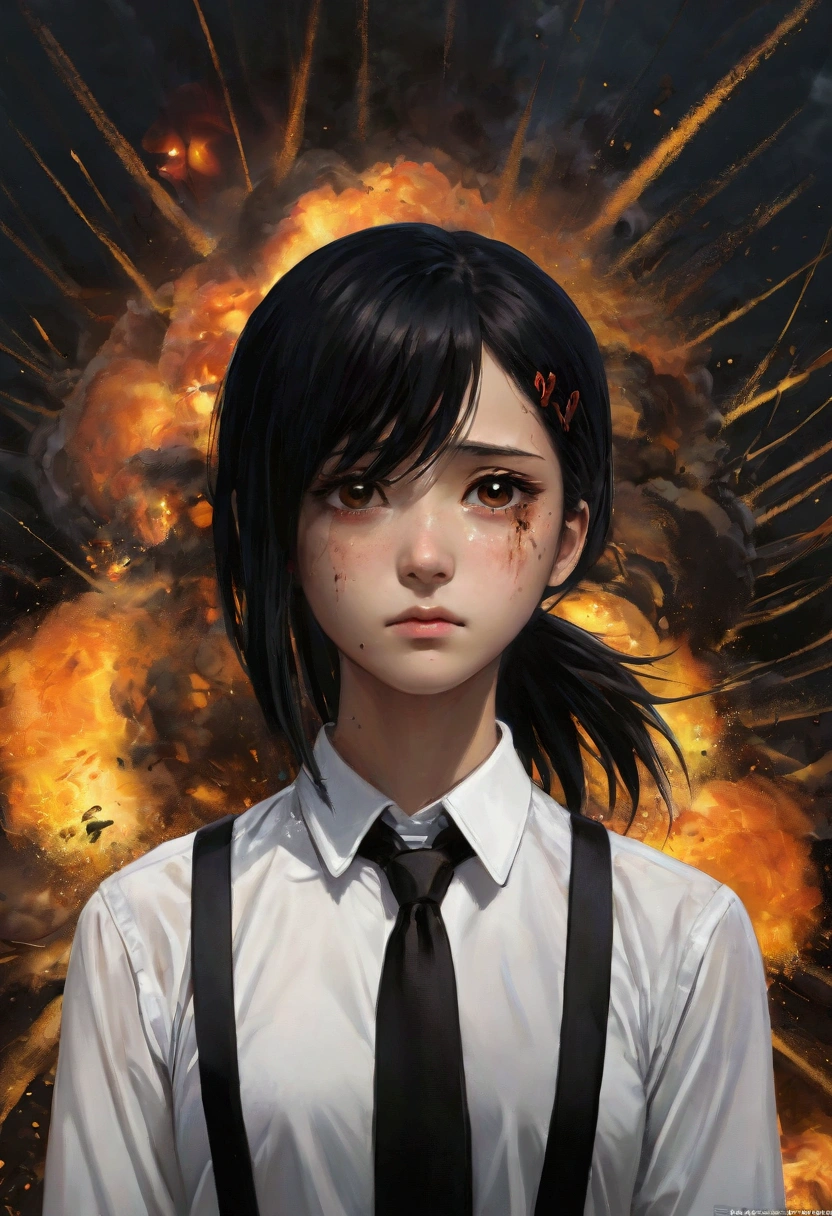 1 Girl, Kobeni,  black hair 、The one with a low ponytail，White collar shirt , Fear, ( black tie ), (Shirt Stains), (dyeing),  looking for viewers , (Scared:1.2), (Tears:1.1), (Brown eyes), (Peace Sign),Explosion Background, (masterpiece:1.2),  best quality , masterpiece,  High Resolution, original,  Very detailed wallpaper , ( super detailed), (Best example), ( best shadows ),