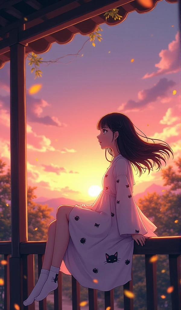  A beautiful young Japanese woman.
 black hair , far away, fluttering. 
honey-colored eyes, expressive, deep,  Cintilante, obfuscating.
 She is wearing a white dress with a cat print and white socks .
Ela esta sentada na varanda de sua casa admirando o por do sol  Cintilante, obfuscating, lilac and orange gradient . 
 The leaves of the trees fall in the wind breeze .
Uma cena magica
32k, HDR, UHD. 