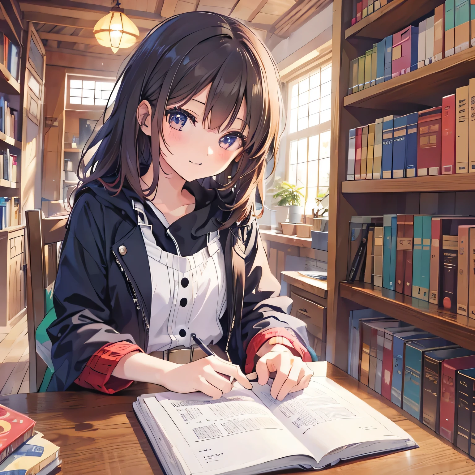 Anime where a beautiful girl with dark hair and brown eyes sits in front of a bright bookshelf and reads a book。