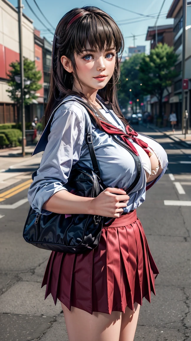 8k、（masterpiece、Best Quality:1.3）、（ very detailed:1.2）、 perfect anatomy、 Beautiful Japanese Women、18 years old、 high school students、 Healthy Thighs、 beautiful feet、Beautiful Skin、 random hair color 、 random hairstyles、Big Breasts、(Japanese High School Uniform:1.3) 、 Full Body Shot 、 loafers、I have a student bag in my hand、Main Street、hitomi