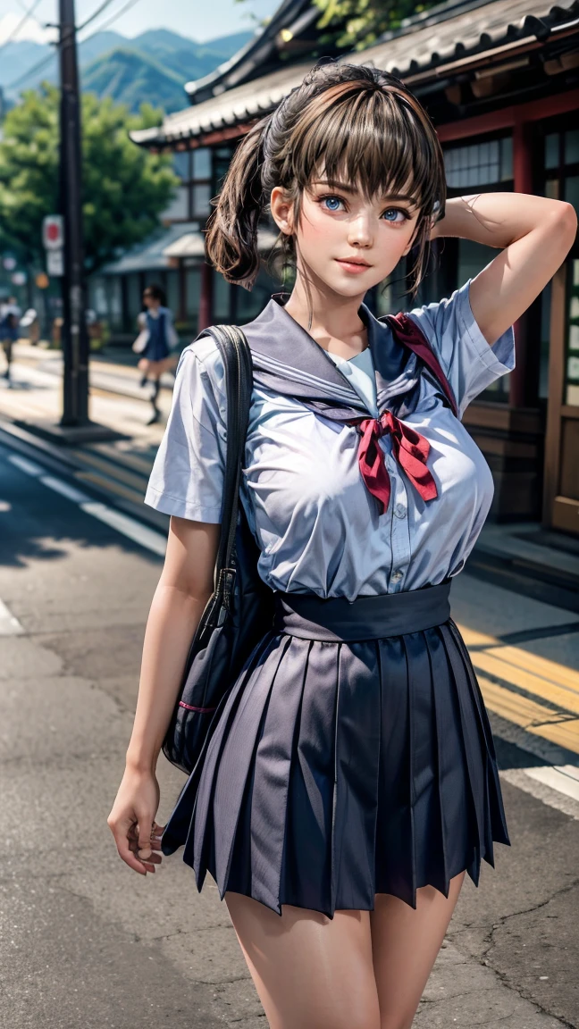 8k、（masterpiece、Best Quality:1.3）、（ very detailed:1.2）、 perfect anatomy、 Beautiful Japanese Women、18 years old、 high school students、 Healthy Thighs、 beautiful feet、Beautiful Skin、 random hair color 、 random hairstyles、Big Breasts、(Japanese High School Uniform:1.3) 、 Full Body Shot 、 loafers、I have a student bag in my hand、Main Street、hitomi