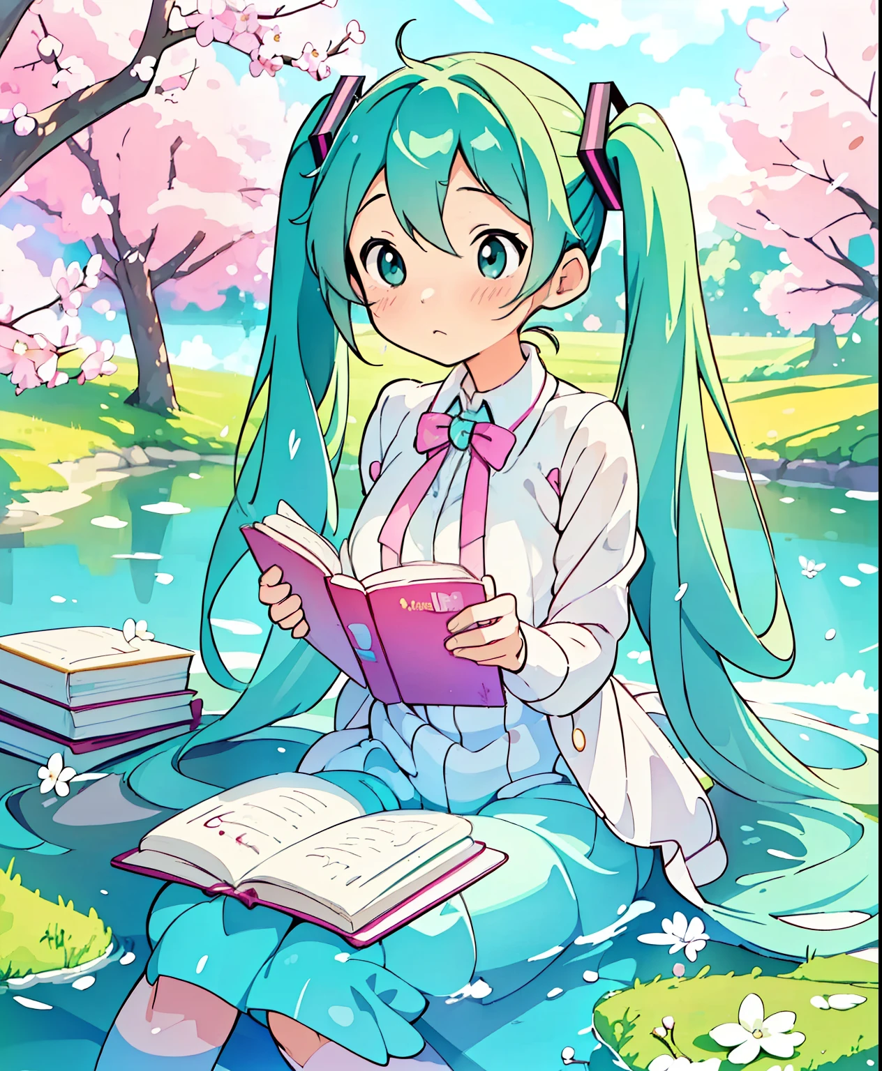 (masterpiece、Best Quality、Best Quality、Official Art、Beautiful and beautiful:1.2)、(One person:1.3) Hatsune Miku、 twin tails,Beautiful breasts,、A girl reads a book on the lakeside, bright color, spring, Willow Branch, comfortable, Warm sunshine、 delicate illustration、 pastel color 、 anime illustration,Takamichi style