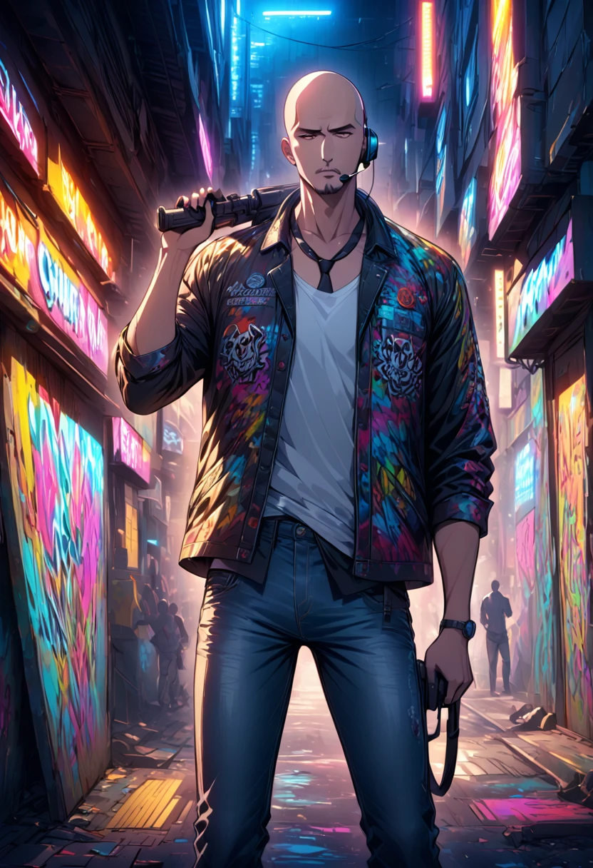  Man alone, bald, Small neck, white collar , black tie,  jeans, Shirt off the pants , Grafitti jacket, white sneakers, standing, Headset around the neck, 1,69 tall. normal body, holding a gun in his right hand behind his neck.