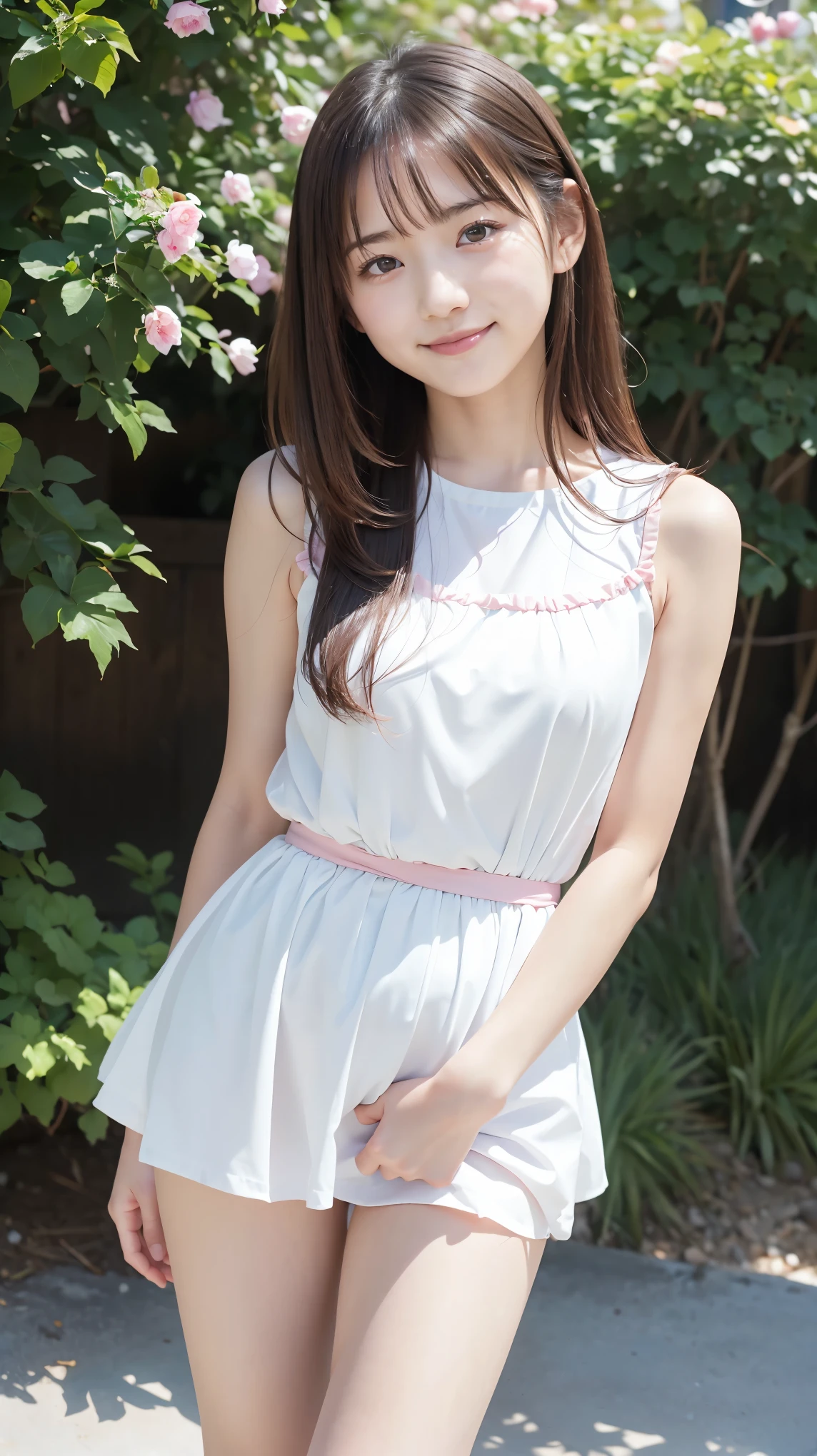 masterpiece, Best Quality,  RAW Photos, Pastel Pinkの庭, ( the wind is blowing ), ( female middle school student,  BEAUTIFUL GIRLS, smug face:1.5, Baby Face:1.5), (delicate beauty, delicate), , White shirt dress,  semi-long, With bangs, (Hair blowing in the wind:1.3),  white skin, (pure), light makeup,  looking at the camera, Gross々cheek, (cheekの上の光), Pastel Flowers々, (Pastel Pink), Natural Light,  BEAUTIFUL GIRLS, (pure), The right build, ( Tight Waist ), ( slender body line), (Small and slender figure), (Detailed hands:1.3, Perfectly right move), ( detailed eyes and faces that resist tentacles:1.2, Professional photography)