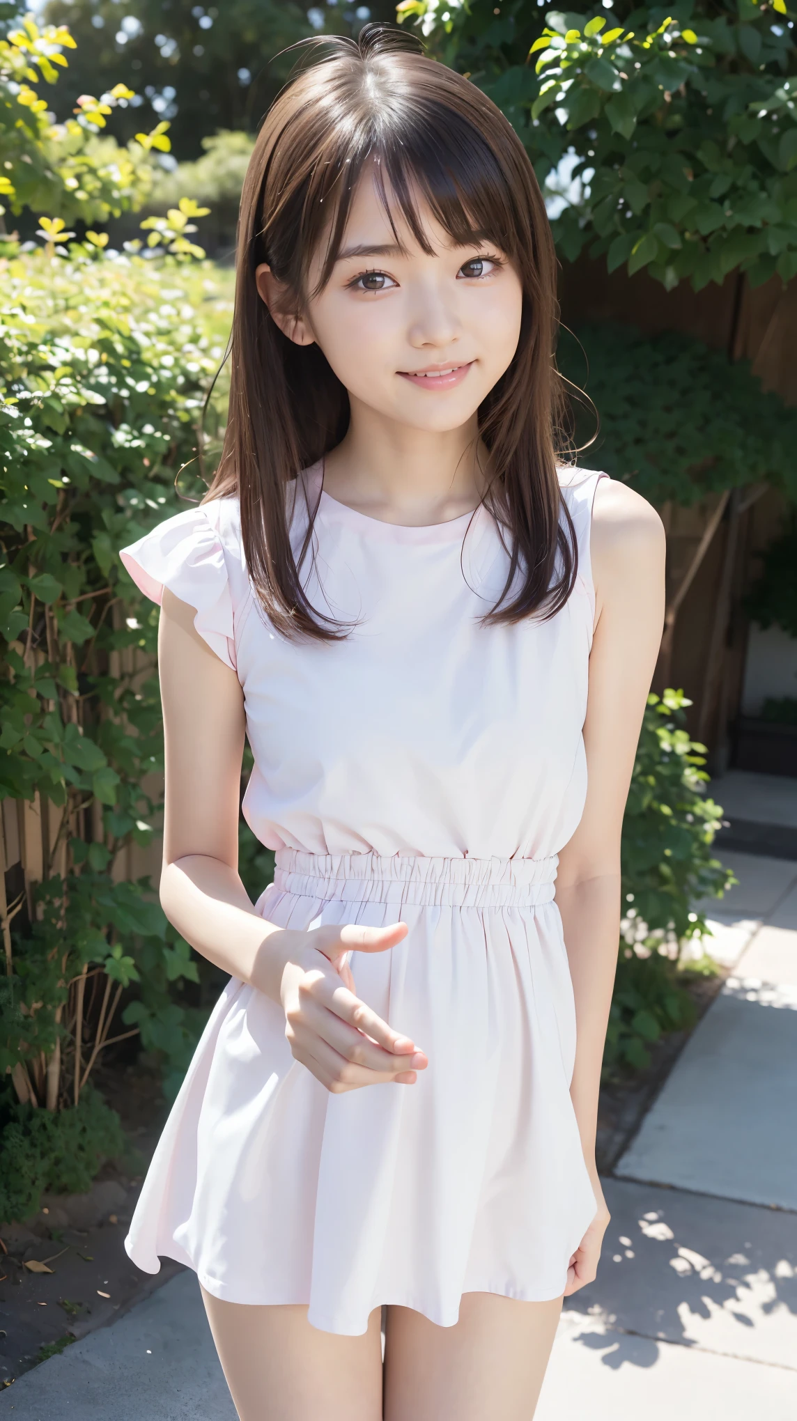 masterpiece, Best Quality,  RAW Photos, Pastel Pinkの庭, ( the wind is blowing ), ( female middle school student,  BEAUTIFUL GIRLS, smug face:1.5, Baby Face:1.5), (delicate beauty, delicate), , White shirt dress,  semi-long, With bangs, (Hair blowing in the wind:1.3),  white skin, (pure), light makeup,  looking at the camera, Gross々cheek, (cheekの上の光), Pastel Flowers々, (Pastel Pink), Natural Light,  BEAUTIFUL GIRLS, (pure), The right build, ( Tight Waist ), ( slender body line), (Small and slender figure), (Detailed hands:1.3, Perfectly right move), ( detailed eyes and faces that resist tentacles:1.2, Professional photography)