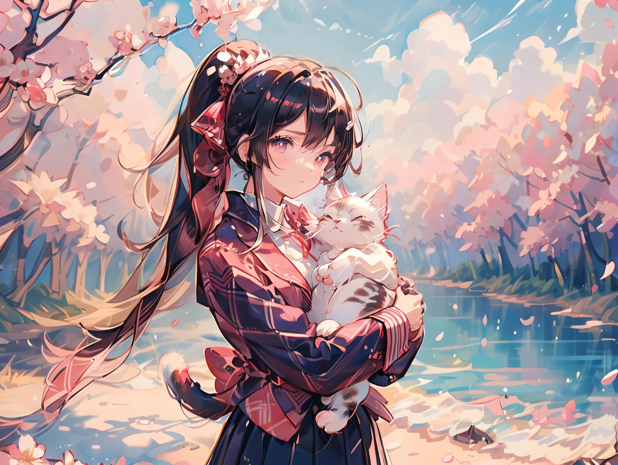 (((Best quality, 8k, Masterpiece: 1.3)), ((best quality)), ((masterpiece)), (detailed), perfect face, A Japanese high school girl gently cradles a small cat in her arms, standing outdoors under soft sunlight. She is wearing a traditional Japanese school uniform with a navy blue blazer, white blouse, and pleated skirt, complete with a red ribbon tie. Her expression is warm and caring as she looks down at the cat, a tabby with bright eyes nestled comfortably in her embrace. Around her are cherry blossom trees in full bloom, with pink petals softly falling. The scene is calm and heartwarming, capturing a peaceful moment of companionship between the girl and her cat. black hair, ponytail