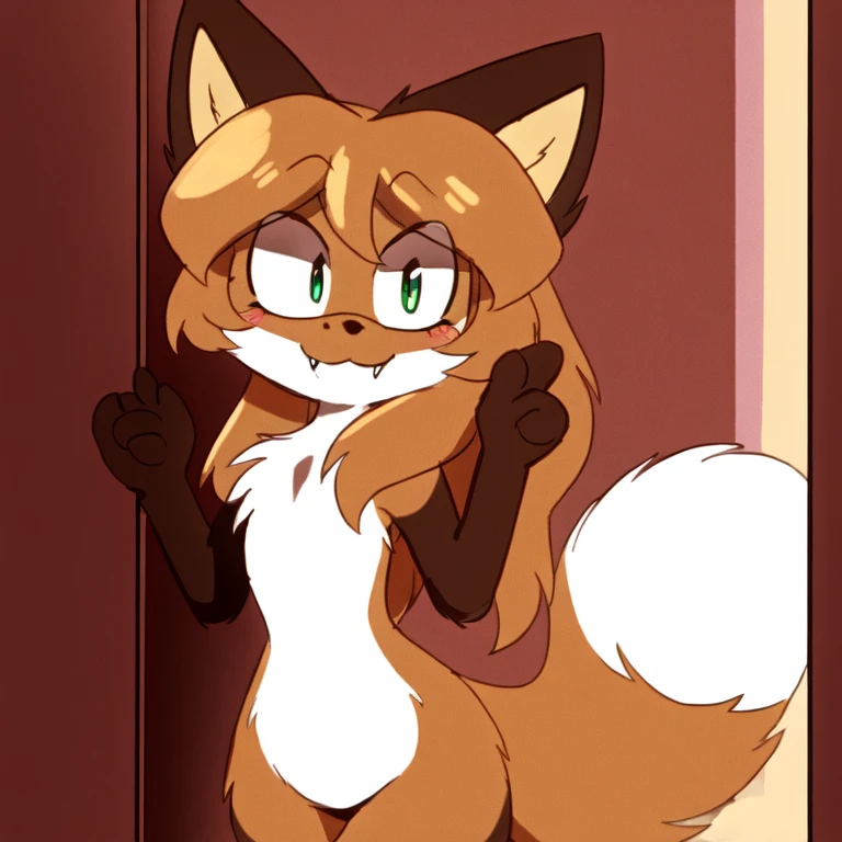 uploaded the e621, beautiful and detailed, woman (((female))) ((anthro)) Fox, (Averi, Fox girl), cinematic lighting, Fox, (anthro, fluffy fur), anthro fox girl, body fur, curvy, sexy, nice, cute, hot, comfortable anime-style cartoon-style, digital drawing, SFW, flat chest, green eyes, nervous smile, sassy, sassy hips, smug, fangs, looking at viewer, (peeking from behind a corner), (wearing Super Mario's hat)