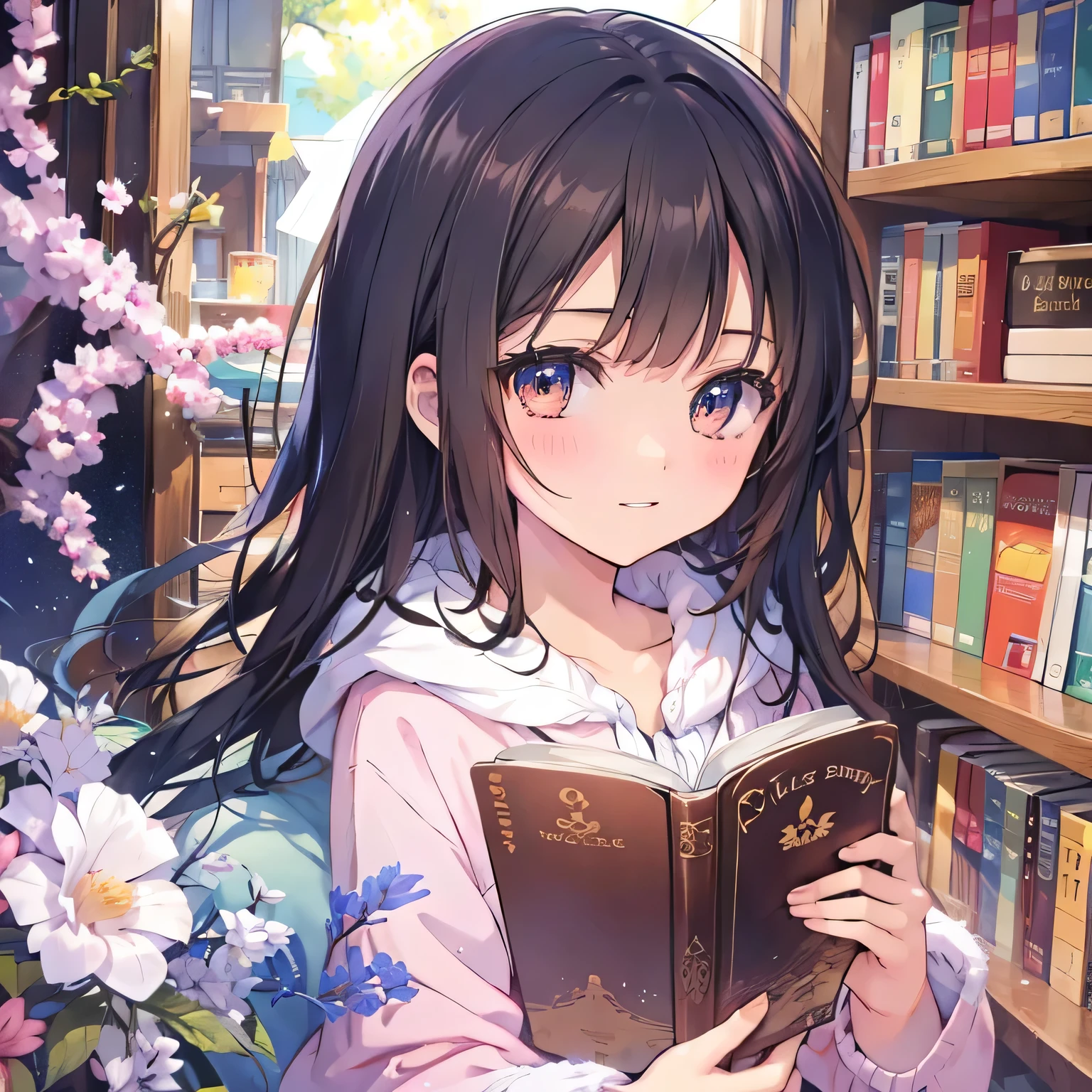 Anime where a beautiful girl with dark hair and brown eyes sits in front of a bright bookshelf and reads a book。Psychedelic art with neon colors throughout