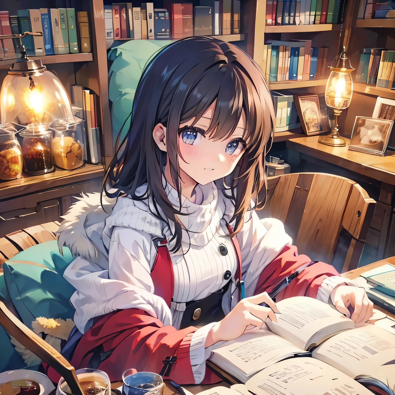 Anime where a beautiful girl with dark hair and brown eyes sits in front of a bright bookshelf and reads a book。Psychedelic art with neon colors throughout