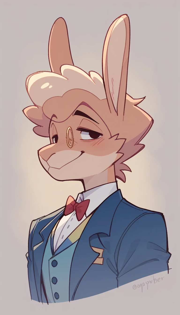  Best quality,  Very detailed illustration, ( Anthropomorphic fluffy rabbit boy:1,7) , tousled voluminous hair, Slim, ideal bod, Simple drawing, Artifyber style, pastel flat colors, Cute, cartoon, Smug Bitches, magician clothes 