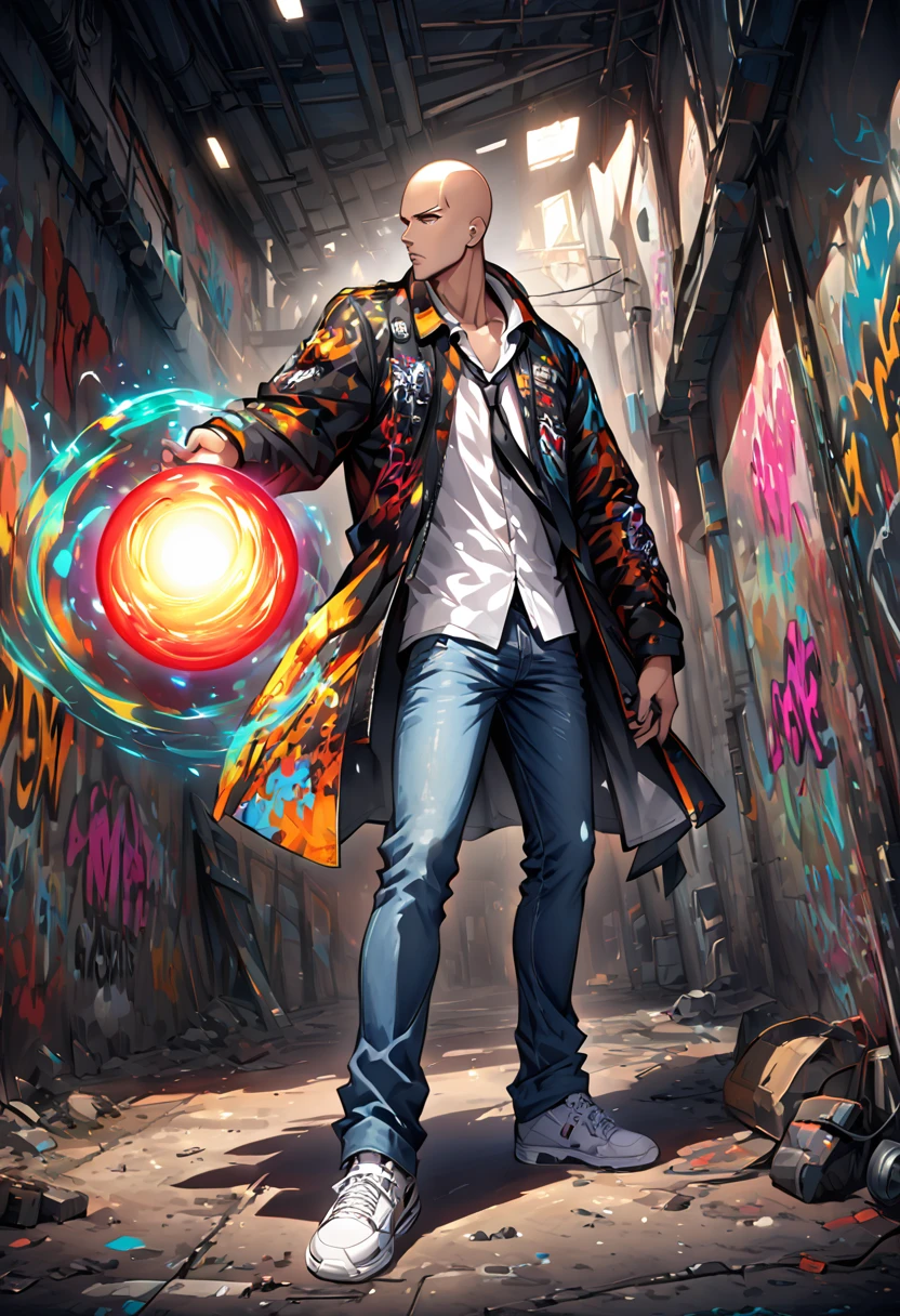  Man alone, bald, Small neck, white collar , black tie,  jeans, Shirt off the pants , Grafitti jacket, white sneakers, standing, Headset around the neck, 1,69 tall. normal body, holding a katana in his right hand and an energy orb in his left hand..