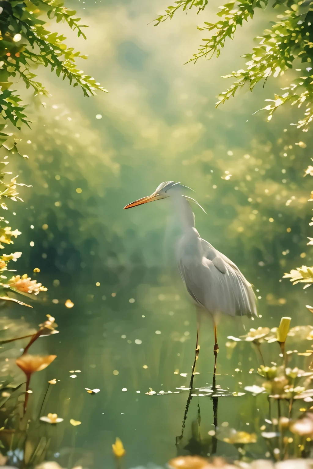 the heron stands in the reeds on the lake shore. summer, Sun