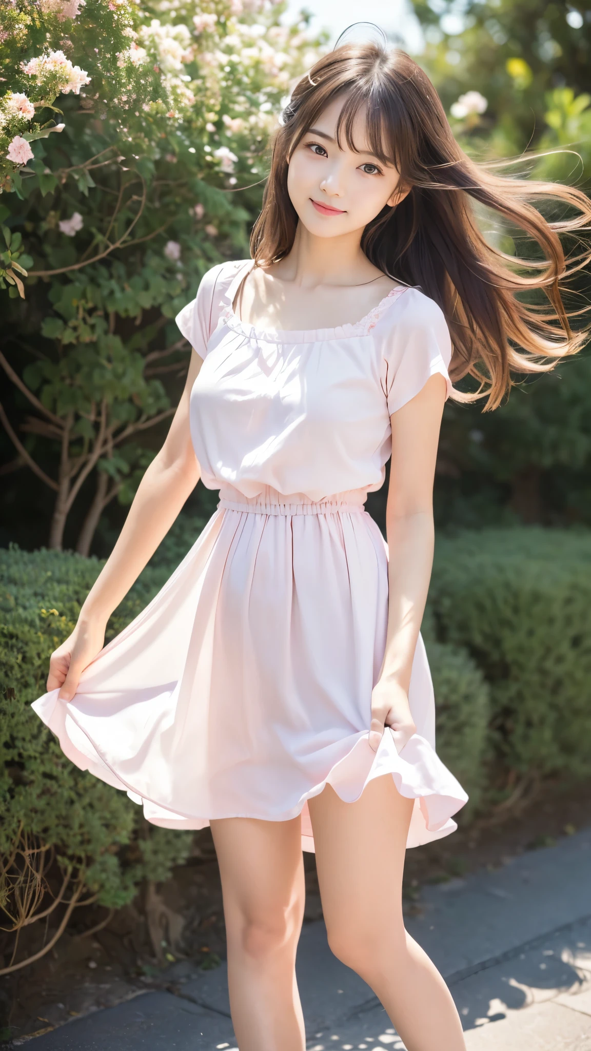 masterpiece, Best Quality,  RAW Photos, Pastel Pinkの庭, ( the wind is blowing ), ( BEAUTIFUL GIRLS, smug face:1.5, Baby Face:1.5), (delicate beauty, delicate), , ((White shirt dress)),  semi-long, With bangs, (Hair blowing in the wind:1.5),  white skin, (pure), light makeup,  looking at the camera, Gross々cheek, (cheekの上の光), Pastel Flowers々, (Pastel Pink), Natural Light,  BEAUTIFUL GIRLS, (pure), The right build, (( Tight Waist )), ( slender body line), (Small and slender figure), (Detailed hands:1.3, Perfectly right move), ( detailed eyes and faces that resist tentacles:1.2, Professional photography)