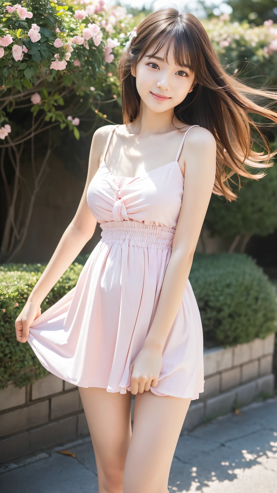 masterpiece, Best Quality,  RAW Photos, Pastel Pinkの庭, ( the wind is blowing ), ( BEAUTIFUL GIRLS, smug face:1.5, Baby Face:1.5), (delicate beauty, delicate), , ((White shirt dress)),  semi-long, With bangs, (Hair blowing in the wind:1.5),  white skin, (pure), light makeup,  looking at the camera, Gross々cheek, (cheekの上の光), Pastel Flowers々, (Pastel Pink), Natural Light,  BEAUTIFUL GIRLS, (pure), The right build, (( Tight Waist )), ( slender body line), (Small and slender figure), (Detailed hands:1.3, Perfectly right move), ( detailed eyes and faces that resist tentacles:1.2, Professional photography)