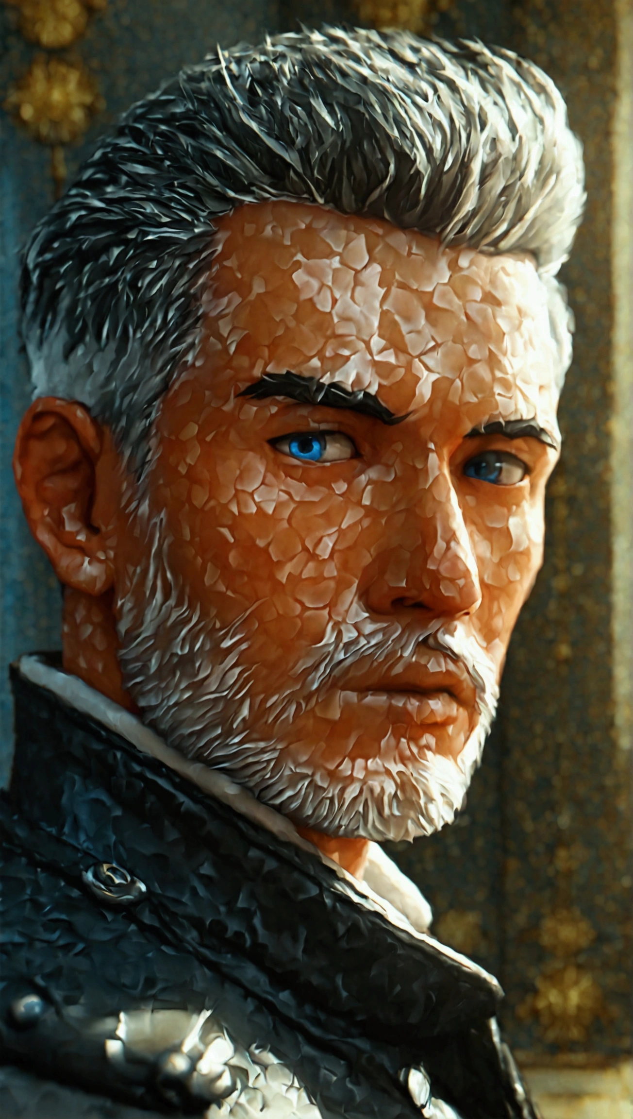 1man, handsome, american-european face, american-european person, middle-aged man, 61 year old, quiff sides and tape hairstyle, black hair with graying temple edges, blue eyes, prominent muscular body, Indonesian grey policeman uniform paired in black leather jacket, sharp detail, hyperdetail, aesthetic, dreamy, aesthetic, HD, High Quality, masterpiece, 8K resolution