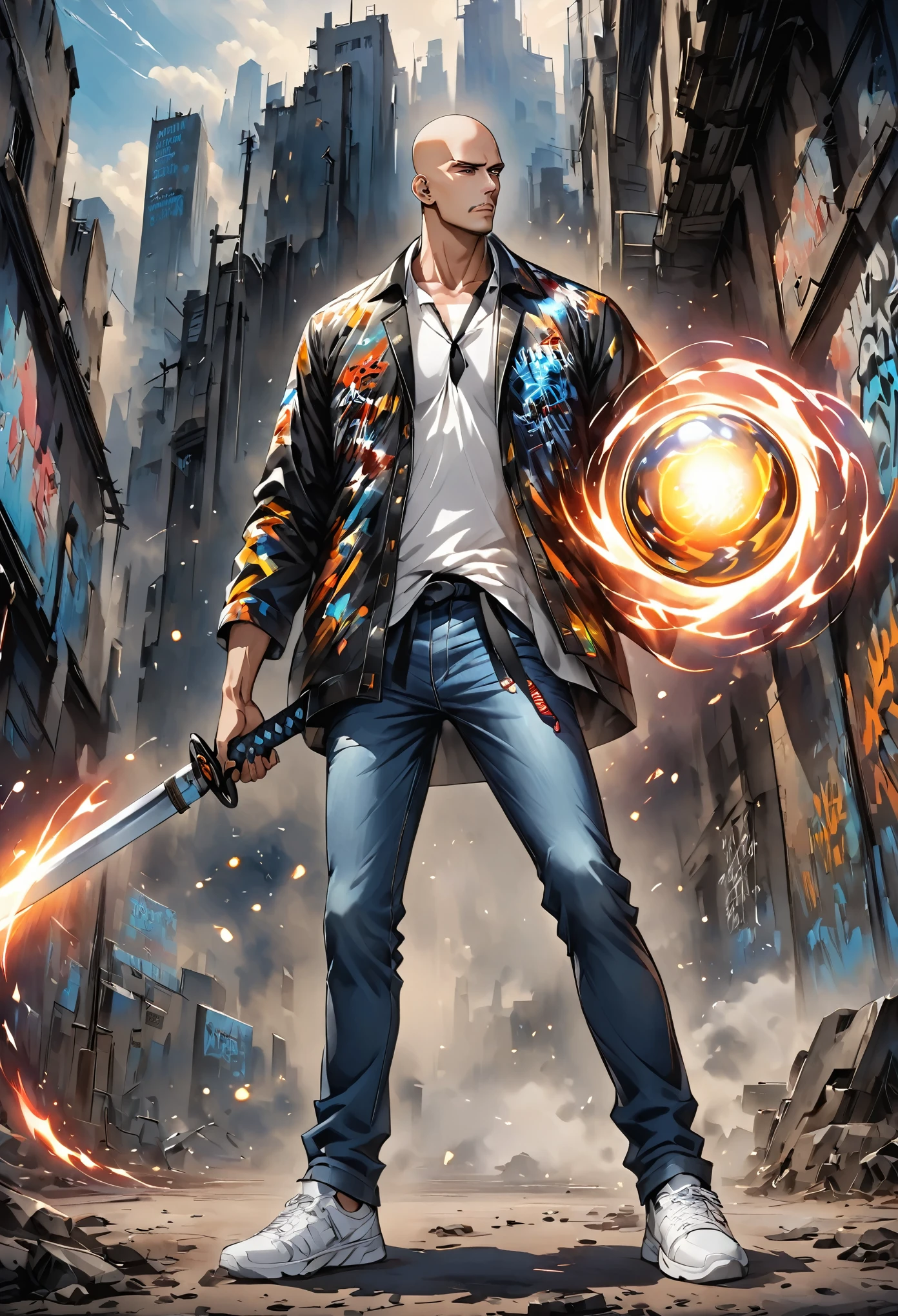  Man alone, bald, Small neck, white collar , black tie,  jeans, Shirt off the pants , Grafitti jacket, white sneakers, standing, Headset around the neck, 1,69 tall. normal body, holding a katana in his right hand and an energy orb in his left hand..