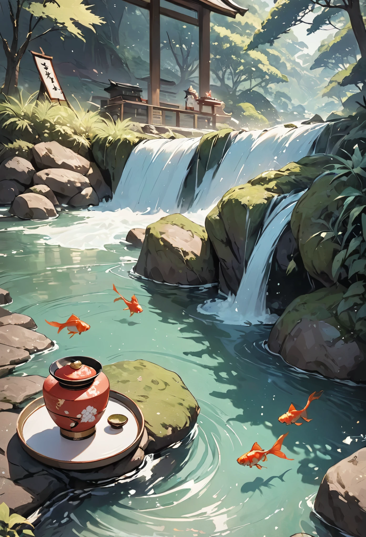 ((masterpiece, Kampala,8K quality,Best Quality)), Sacred sake is placed on the tray in the foreground,goddess、 Vermilion Cup , Kutaniyaki Sake Tokuri , Miracle Aratakana Falls ,Mossy rocks,goddessが岩場で舞を舞う, River flowing out of Tokuri , sunlight filtering through the trees,Warm Day 、 Refreshing Asahi 、 Goldfish Swim in the Sky