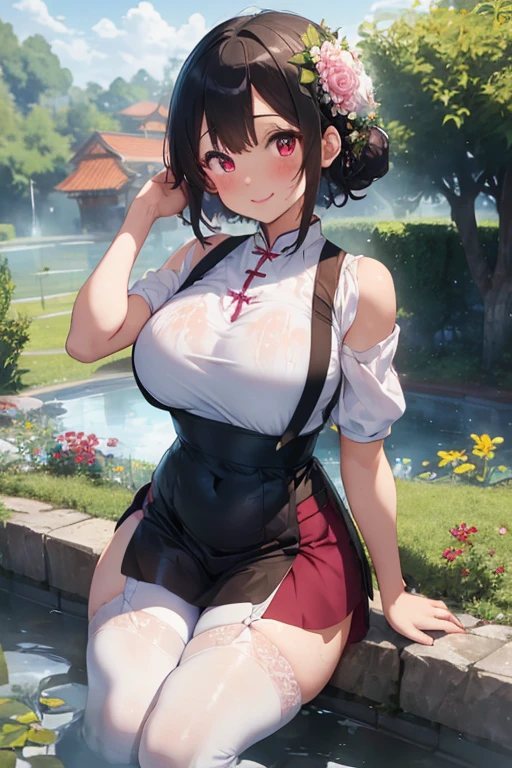 masterpiece, highest quality, High resolution, 1 girl, alone, hair ring, Pom Pom Hair Ornament,One-piece attire,skirt, short bob,bob hair,ribbon, blush,smile, wearing randoseru backpack,My clothes are transparent,nipple,big breasts,young girl,My clothes are transparent 、、squat with legs apart、Cute patterned pants、blush、embarrassed look,clothes get wet,nippleが透けて見える、thick white love juice, A large amount of love juice drips