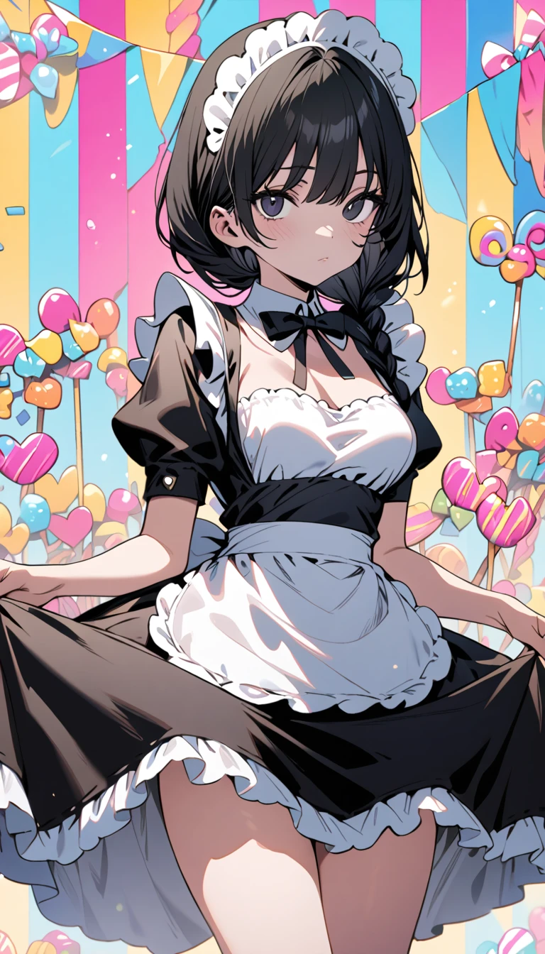  Candyland, Full Background ,  cowboy shot, Detailed face, Perfect fingers, woman,  dark eyes, Black Hair ,  braid, Black maid outfit