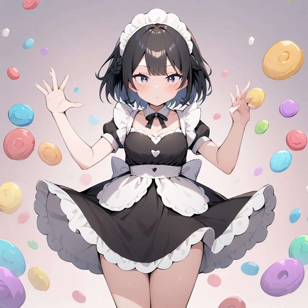  Candyland, Full Background ,  cowboy shot, Detailed face, Perfect fingers, woman,  dark eyes, Black Hair ,  braid, Black maid outfit