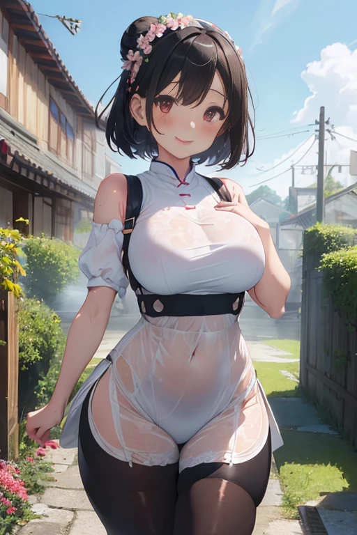 masterpiece, best quality, absurdres , perfect anatomy ,wang yujia, Black hair , smiling (((nsfw))) , (((busty))),1girl, sensual body, Her cheeks flushed, transparent Blouse ,in the rain