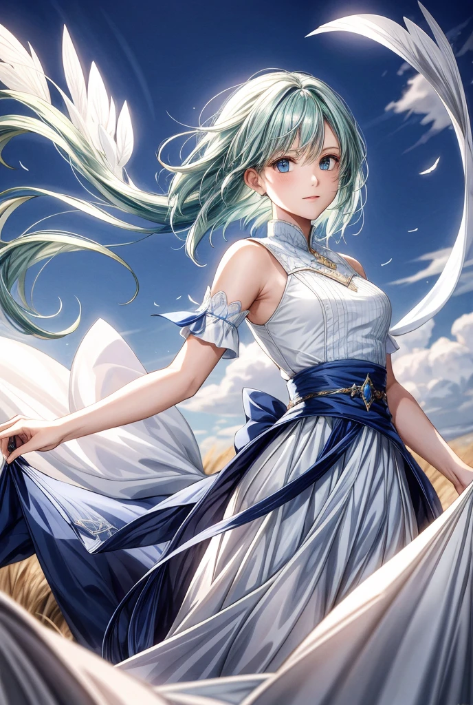 A skilled swordswoman who controls the wind, moving as swiftly and gracefully as a breeze. Her short, light green hair flows freely, constantly tousled as if touched by a gentle wind. Her eyes are a sharp, clear sky-blue, reflecting both her calm focus and the ever-changing nature of the air around her. She wears light armor, designed to allow maximum mobility, with flowing fabric accents in white and pale blue that ripple with each step she takes. Her sword is slender and long, with engravings of swirling wind patterns along the blade. Around her waist is a belt with small charms shaped like feathers, jingling faintly as she moves. Her skin is fair, and her movements are swift and precise, like a gust of wind. Her expression is confident and serene, embodying both the freedom and unpredictability of the air she commands.