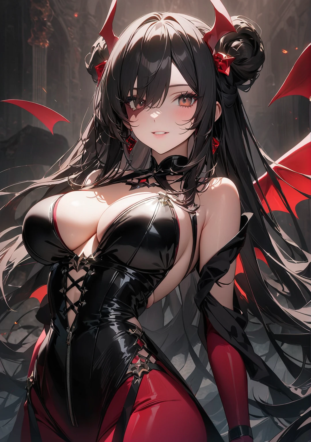 (Best Quality:1.2,  ultra high resolution,  high detail, masterpiece:1.3, Best Quality, Best aesthetics), ((Shenzhen_\(Genshin Impact_Impact\), length_hair, Large Breasts, hair_End_One_eye, hair_ornament, 前hair, Alternate Costumes)), (Succubus, Succubus, Succubus, sexy suit, devil&#39;wing, body paint),  Focus on individuality and individuality , Beautiful and beautiful eyes, Beautiful Lips, Long eyelashes,  bright color,  sexy vibe , Big Breasts:1.4,  beautiful and firm bust line,   Uniforms with blood red and darkness black motifs,  Knight ,  neon light,  Dutch angle,  Focus on Subtle Facial Details , Soft and warm tones.