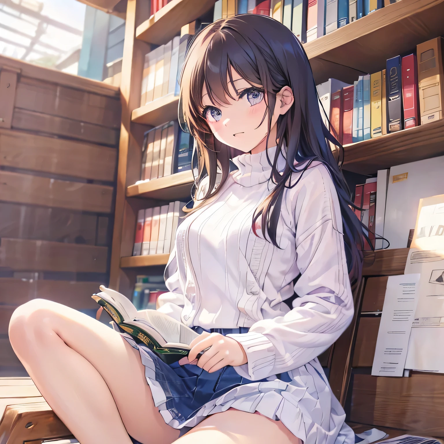 Anime where a beautiful girl with dark hair and brown eyes sits in front of a bright bookshelf and reads a book。Psychedelic art with neon colors throughout