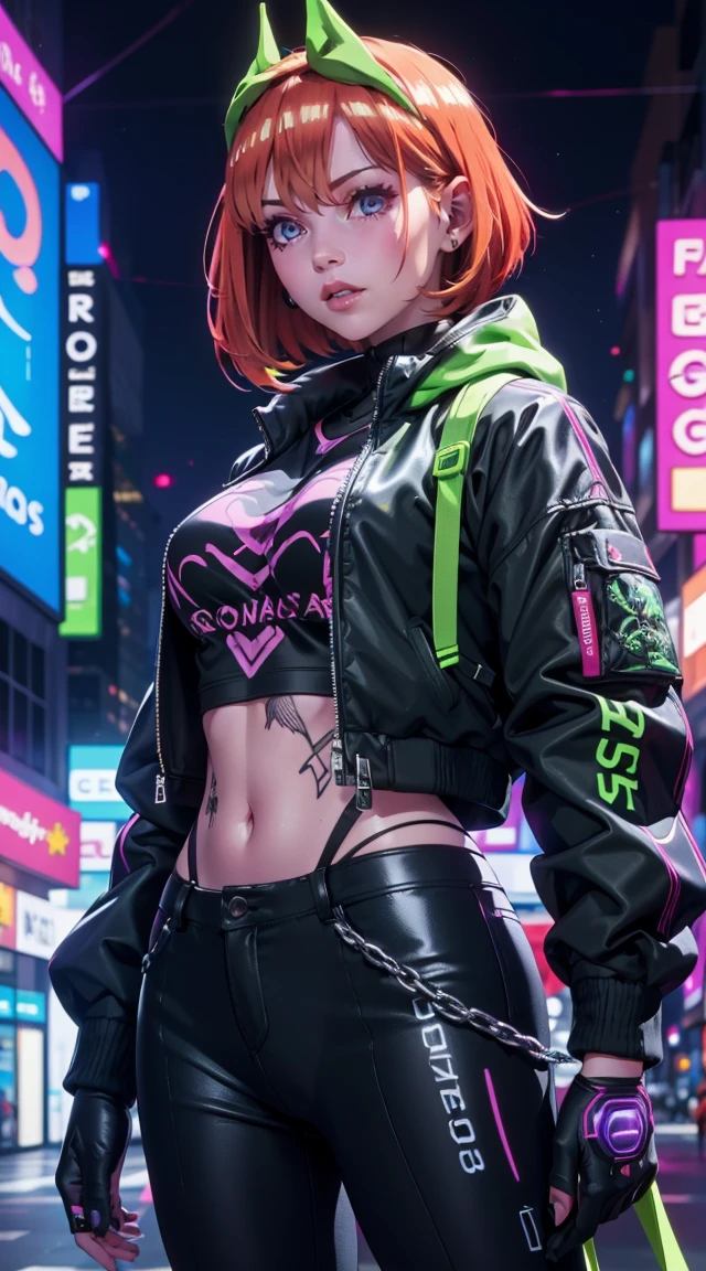 Beautiful short hair woman is shown to have a tiny figure, colorful hair, wearing future green cyber city clothes, big green colorful puffy jacket, lots of facial piercings, tattoos, neon city, cybernetics, she has blue eyes, sexy session, elegant posing, cowboy shot, superior quality, many details, realistic,