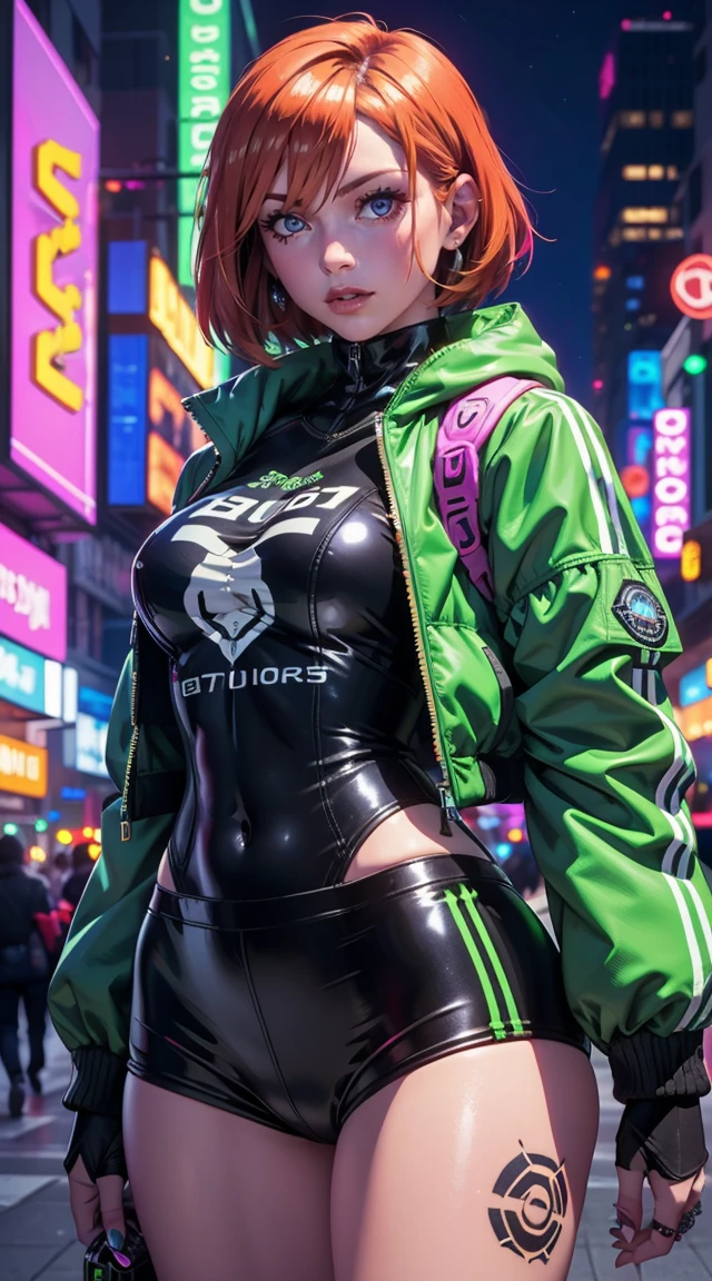 Beautiful short hair woman is shown to have a tiny figure, colorful hair, wearing future green cyber city clothes, big green colorful puffy jacket, lots of facial piercings, tattoos, neon city, cybernetics, she has blue eyes, sexy session, elegant posing, cowboy shot, superior quality, many details, realistic,