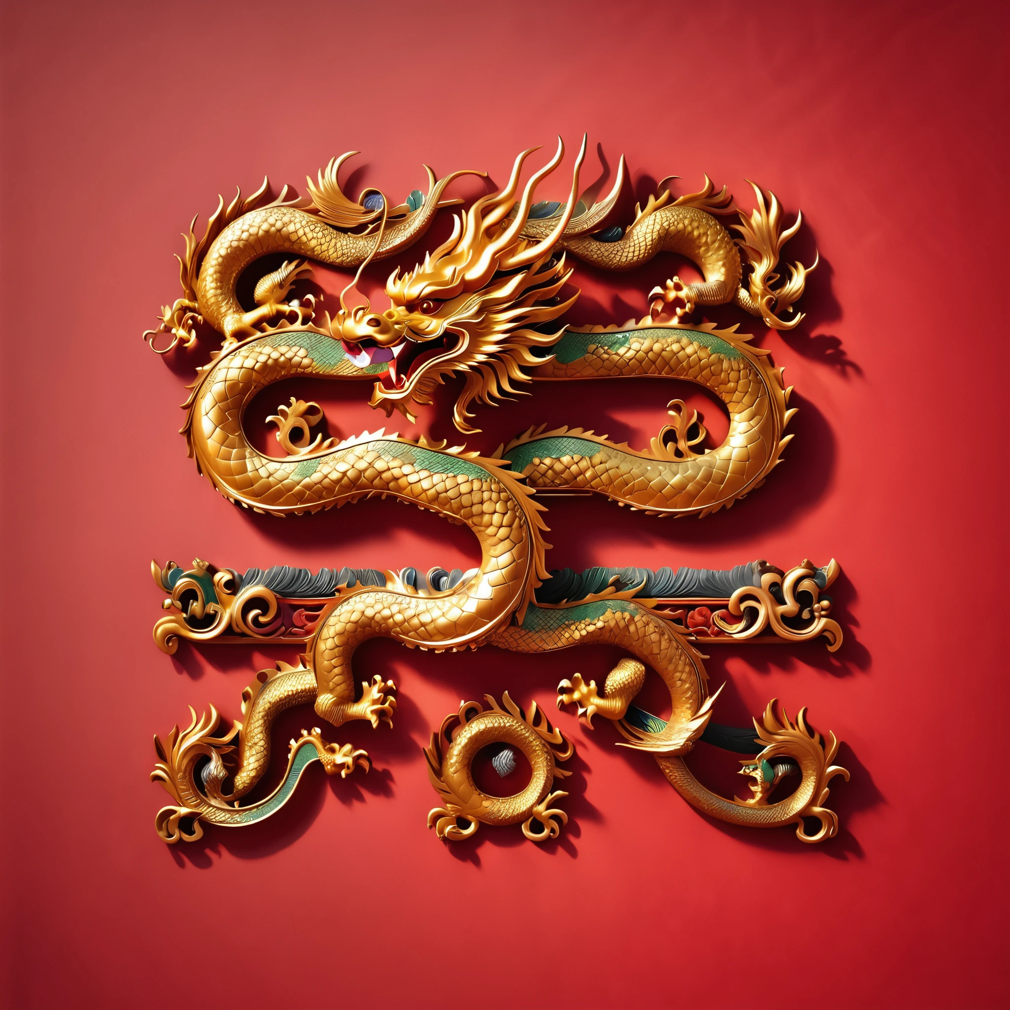  a set of continuous golden dragon sculptures in the same style from different angles,Photograph ,ruby，Exquisite pattern，Medieval style,Simple red background