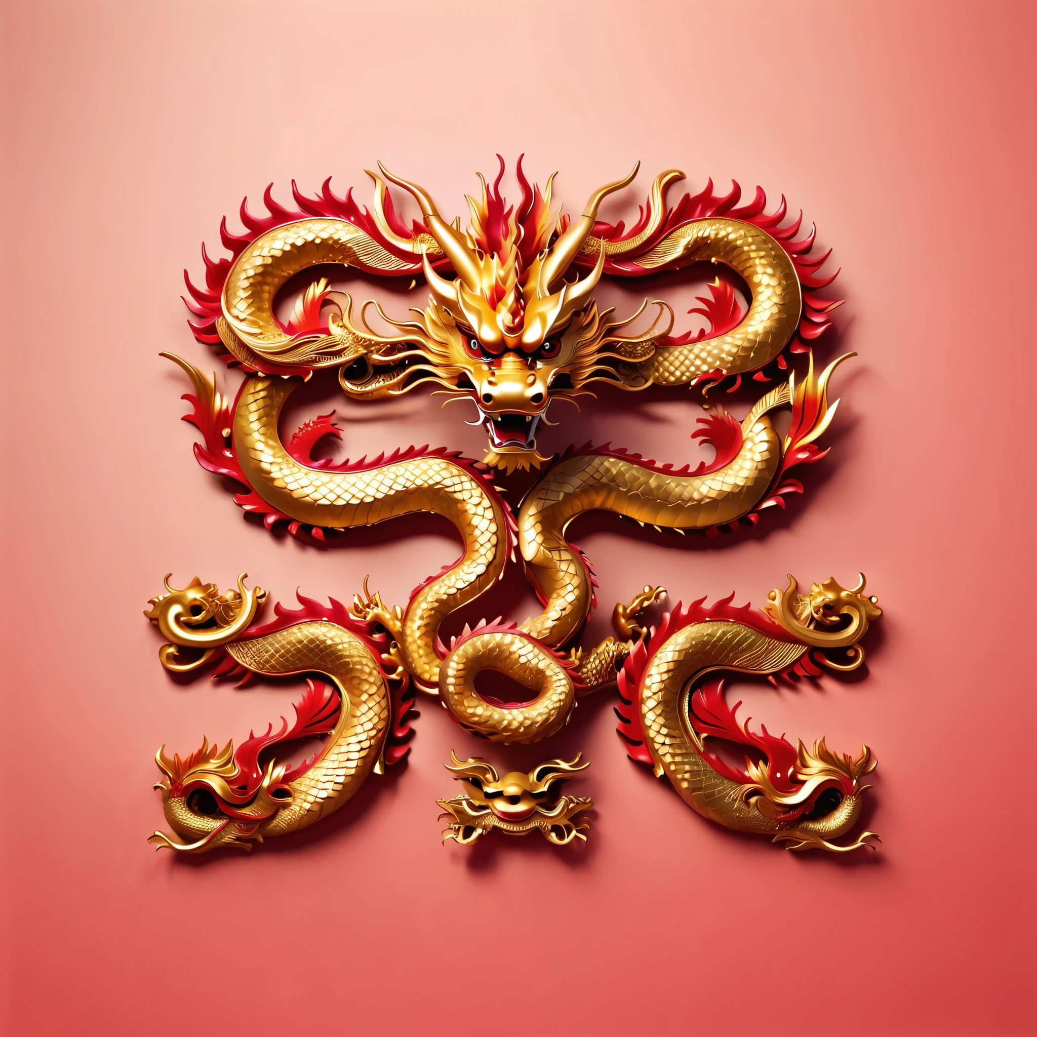  a set of continuous golden dragon sculptures in the same style from different angles,Photograph ,ruby，Exquisite pattern，Medieval style,Simple red background