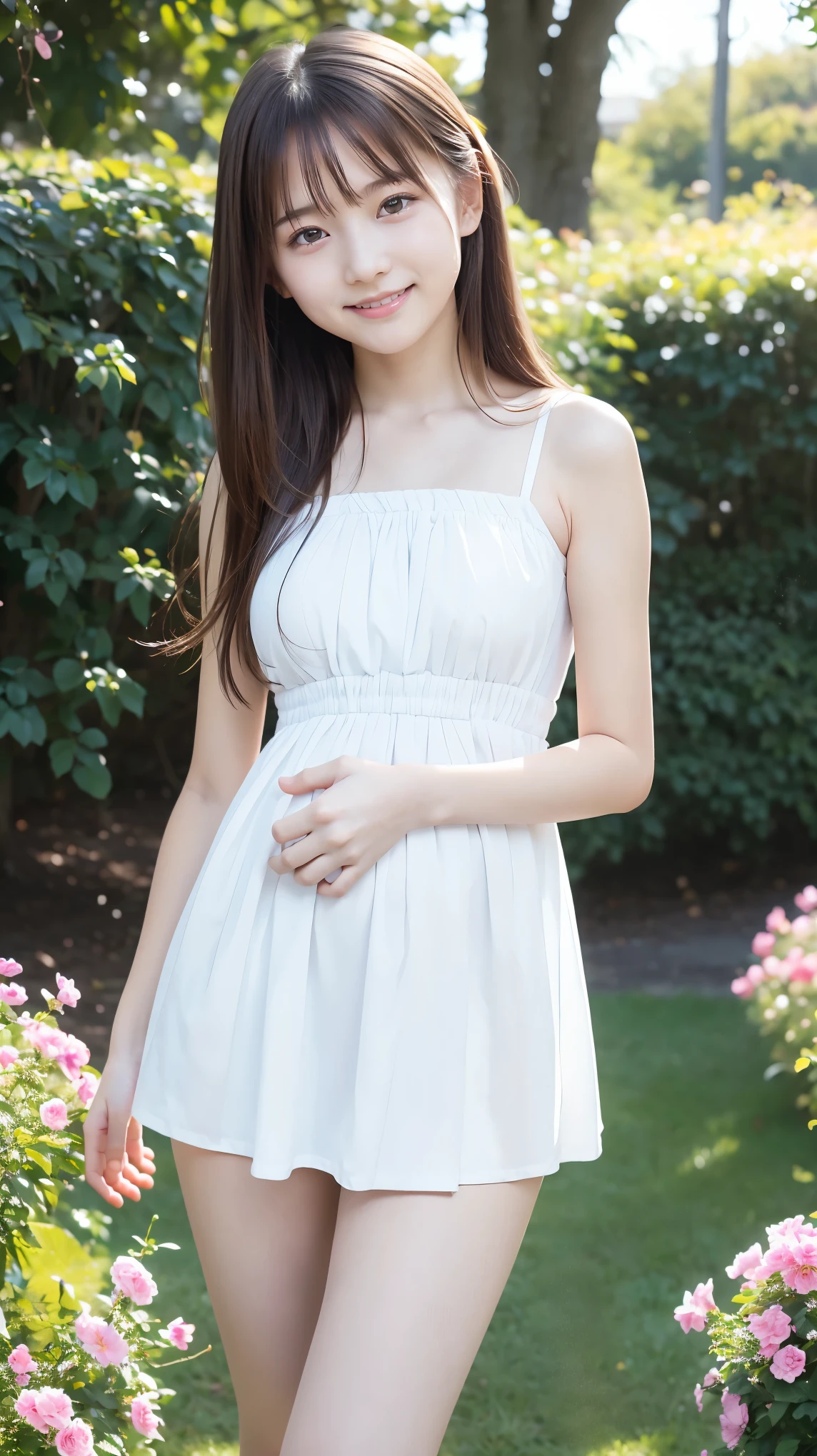 masterpiece, Best Quality,  RAW Photos,  Pastel Pink Garden, ( the wind is blowing ), ( female middle school student,  BEAUTIFUL GIRLS, smug face:1.5, Baby Face:1.5), (delicate beauty, delicate), (White shirt dress),  semi-long, (No bangs), (Hair blowing in the wind:1.4), (Beautiful breasts),  white skin, (pure), light makeup,  looking at the camera, Gross々cheek, (cheekの上の光), Pastel Flowers々, Natural Light,  BEAUTIFUL GIRLS, (pure), The right build, ( Tight Waist ), ( slender body line), (Small and slender figure), (Detailed hands:1.3, Perfectly right move), ( detailed eyes and faces that resist tentacles:1.2, Professional photography), ((Cute dynamic pose))