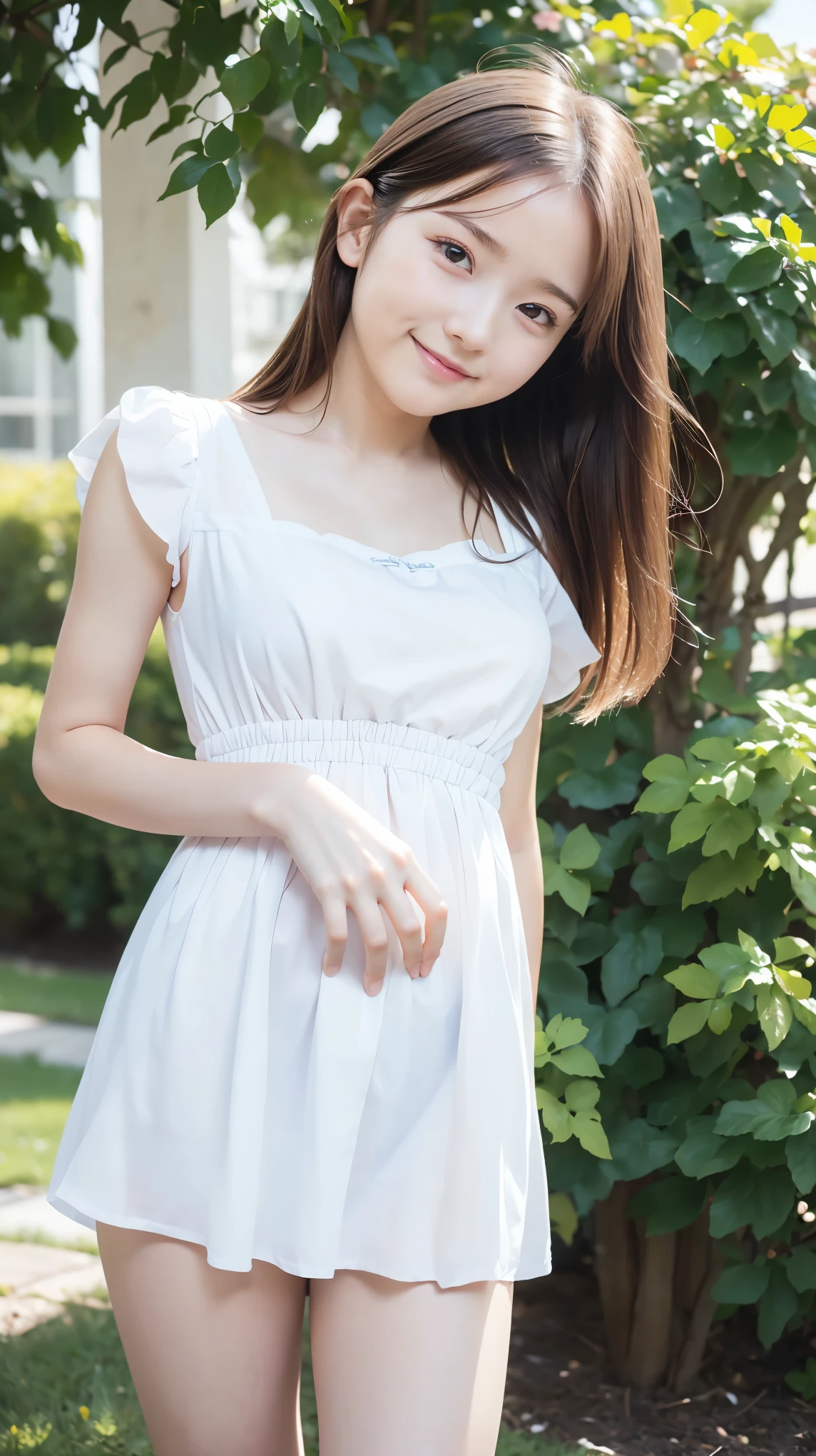 masterpiece, Best Quality,  RAW Photos,  Pastel Pink Garden, ( the wind is blowing ), ( female middle school student,  BEAUTIFUL GIRLS, smug face:1.5, Baby Face:1.5), (delicate beauty, delicate), (White shirt dress),  semi-long, (No bangs), (Hair blowing in the wind:1.4), (Beautiful breasts),  white skin, (pure), light makeup,  looking at the camera, Gross々cheek, (cheekの上の光), Pastel Flowers々, Natural Light,  BEAUTIFUL GIRLS, (pure), The right build, ( Tight Waist ), ( slender body line), (Small and slender figure), (Detailed hands:1.3, Perfectly right move), ( detailed eyes and faces that resist tentacles:1.2, Professional photography), ((Cute dynamic pose))