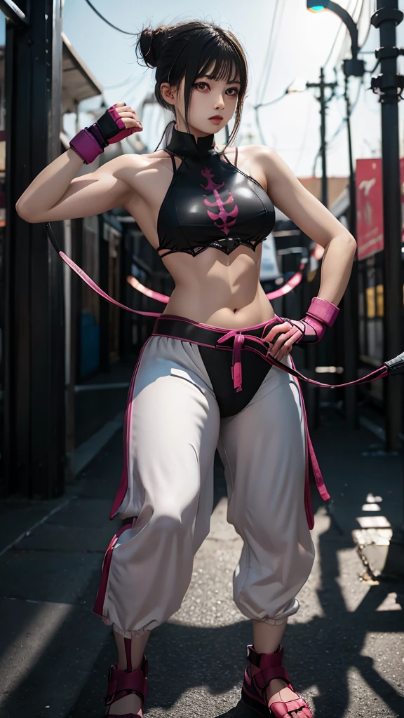 Juri Han (Street Fighter), white harem pants, a close up of a woman in a white dress and fur stole, full body xianxia, xintong chen, heonhwa choe, wenfei ye, with white fluffy fur, dilraba dilmurat, white fur, lee ji-eun, lee ji - eun, jiyun chae, chiho ashima, xision wu, yun ling, powerful energy, urban street fighter